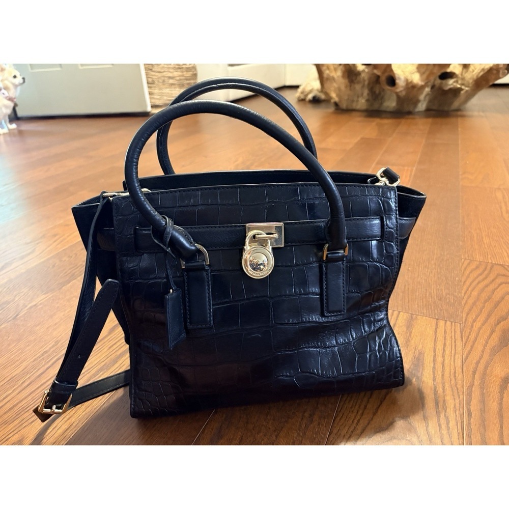 Michael Kors Hamilton Traveler Satchel Croc Embossed Suede Sides Gold Hardware